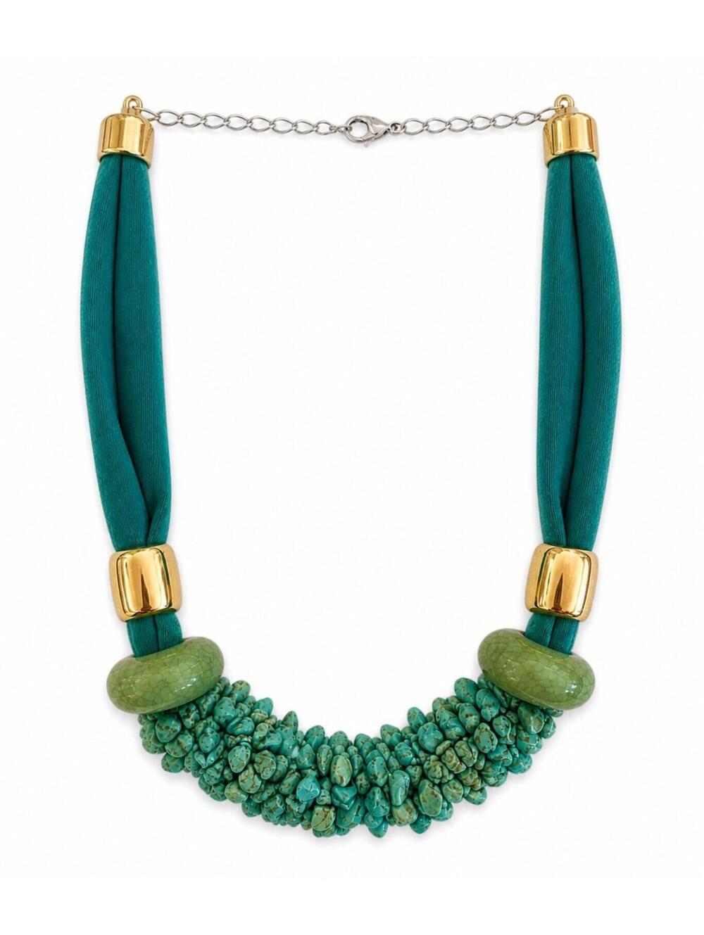 Vintage Style Turquoise Chip Stone Statement Necklace Teal Fabric Gold Tone Boho